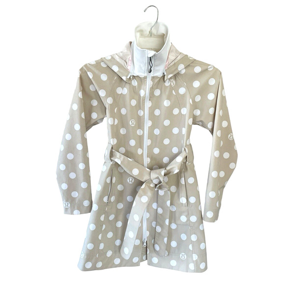 LULULEMON Size Small Beige White Polka Dot Front Zip Hooded Belt Rain Jacket - Picture 6 of 10